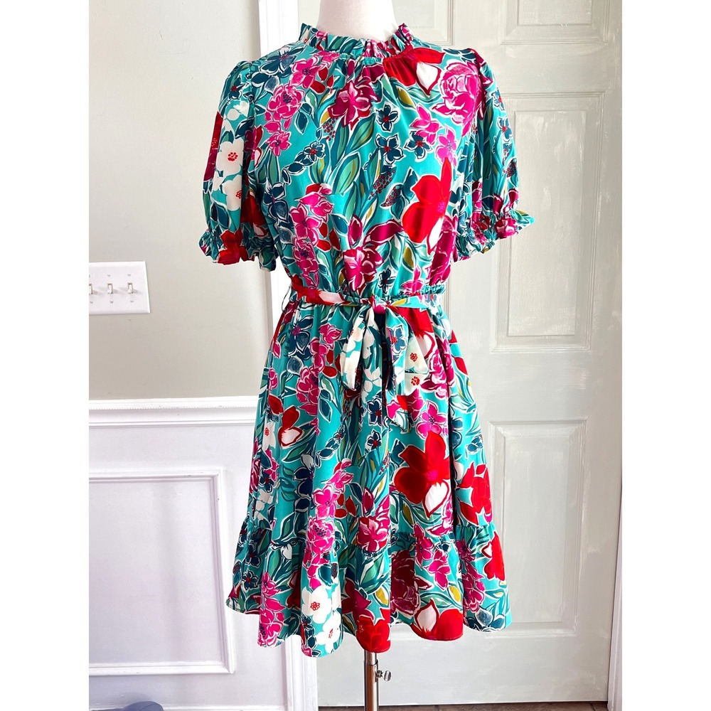 THML Floral Ruffle Dress S Womens Puff Sleeve Tie Waist Teal Pink Wedding Brunch